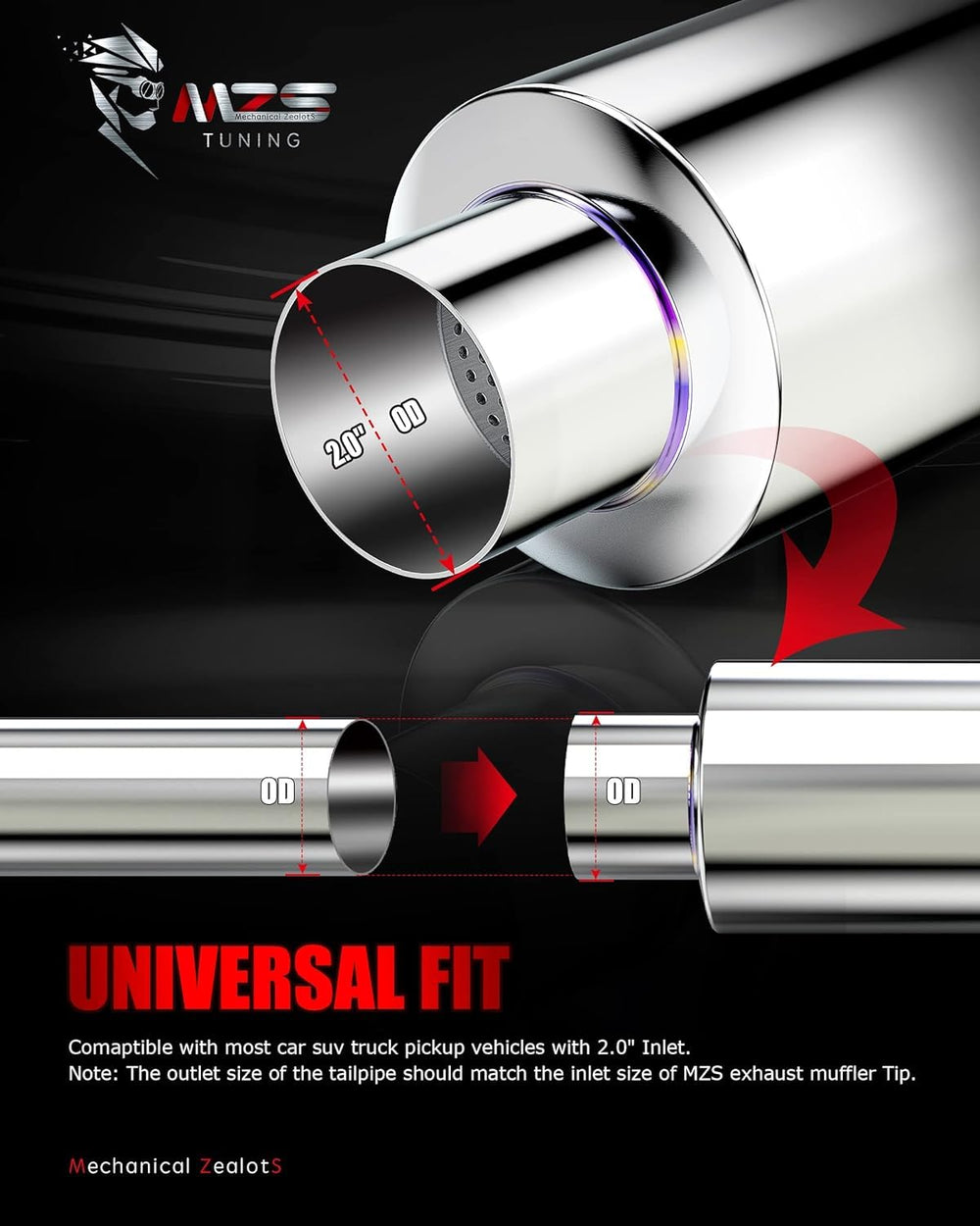 Dense sound-absorbing cotton inside MZS muffler reduces vibration and noise.