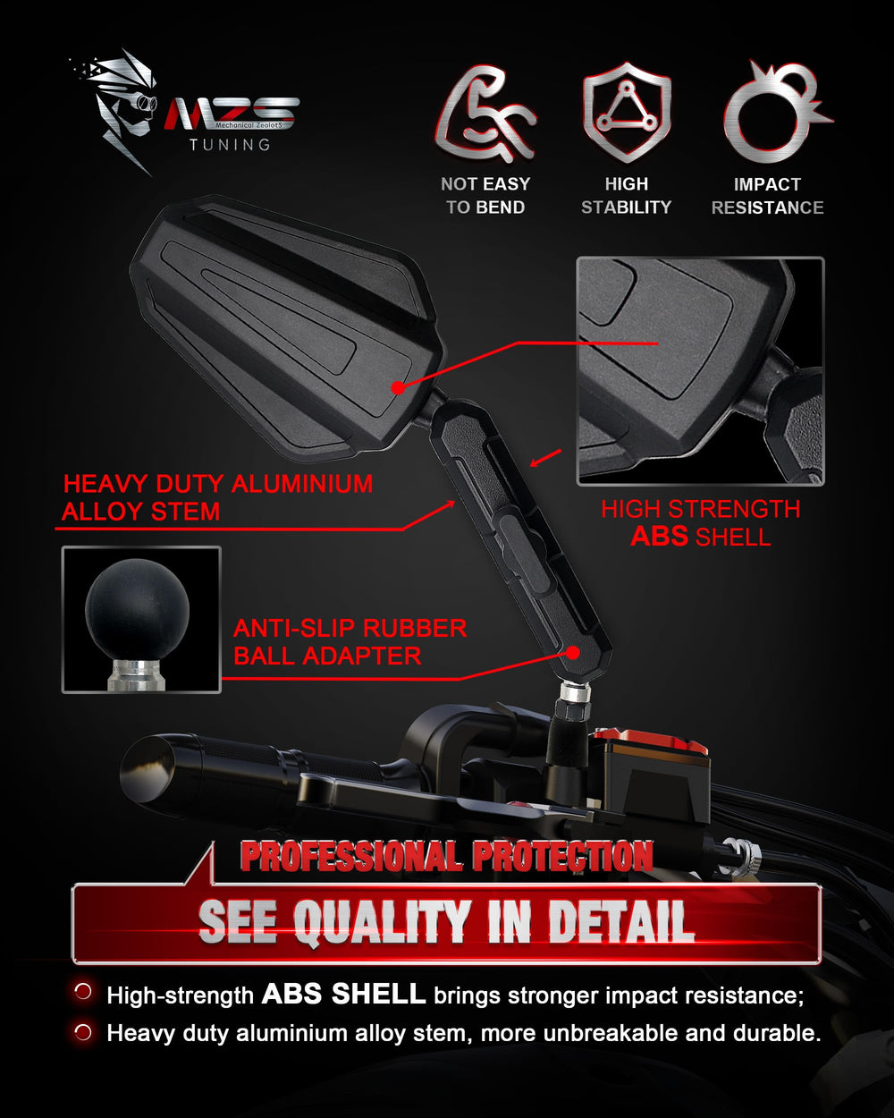 MZS impact-resistant housing shields the mirror against bumps and vibration.