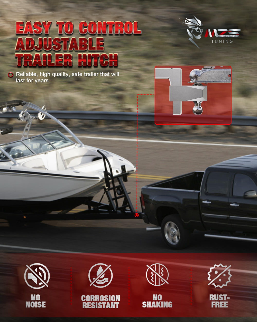 MZS locking key mechanism securing hitch height during towing