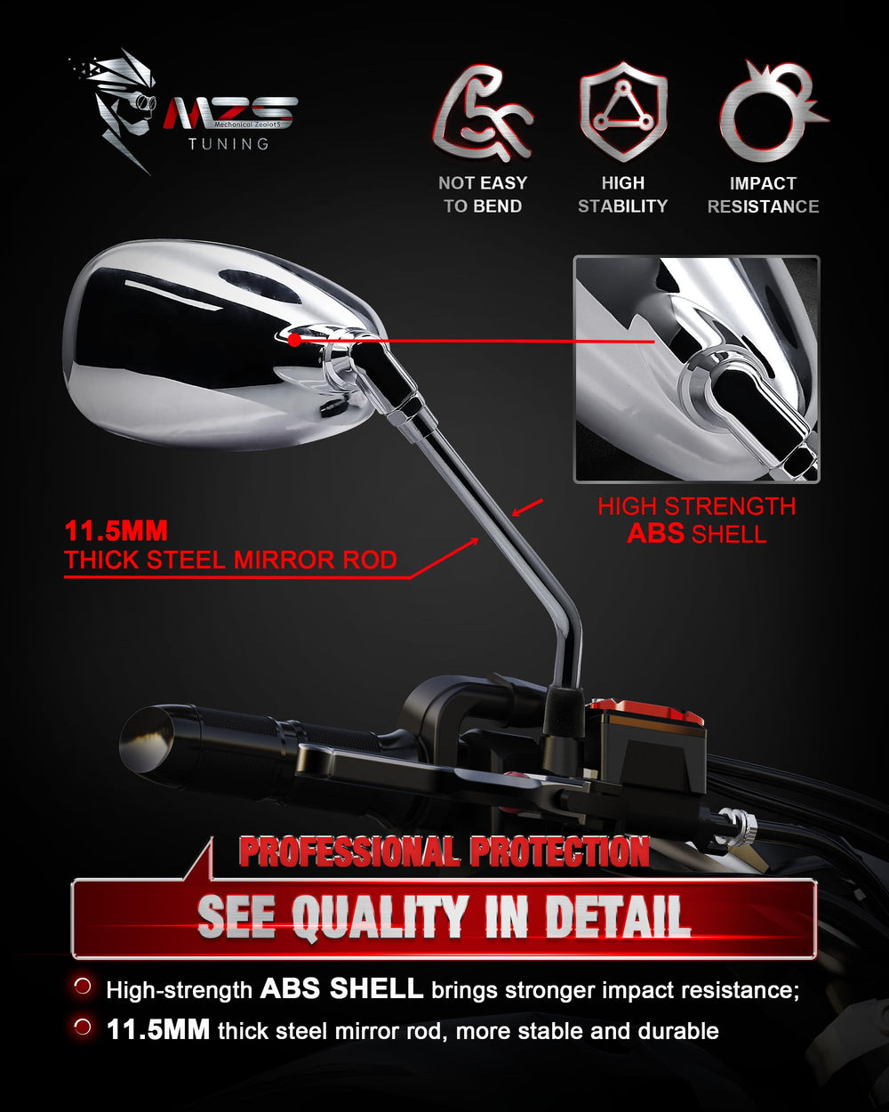 MZS convex HD glass provides wide, clear vision day and night