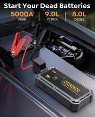 NACKEO jump starter with cables connected for quick engine restart