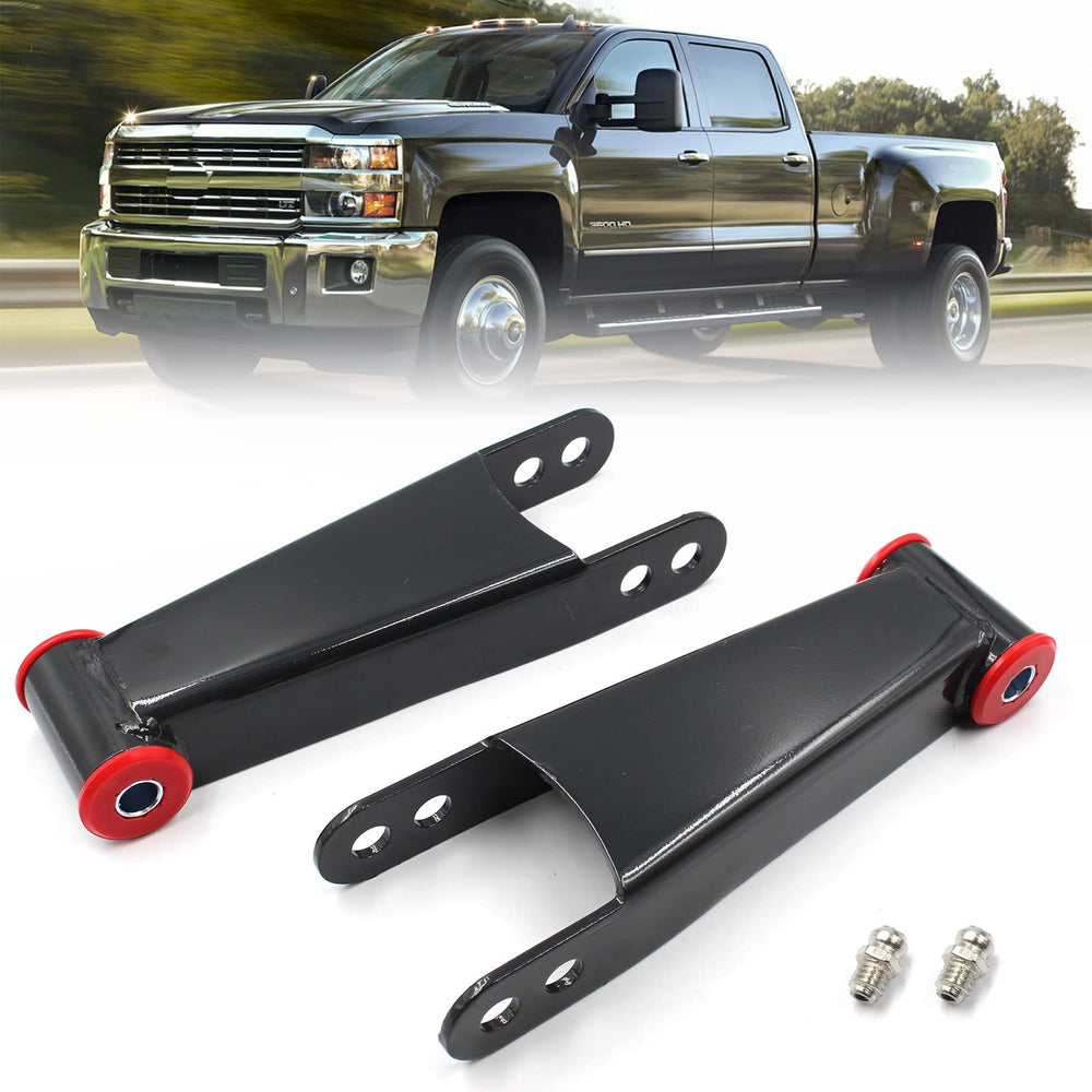 Nakuuly rear drop lowering shackle kit 410730 applied to a Silverado for improved rear stance and stability