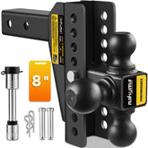 Nakyma adjustable drop hitch assembly with three built-in balls for secure towing.