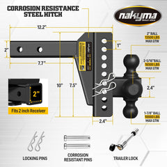 Nakyma two-inch receiver fit compatible with common trucks and trailers.