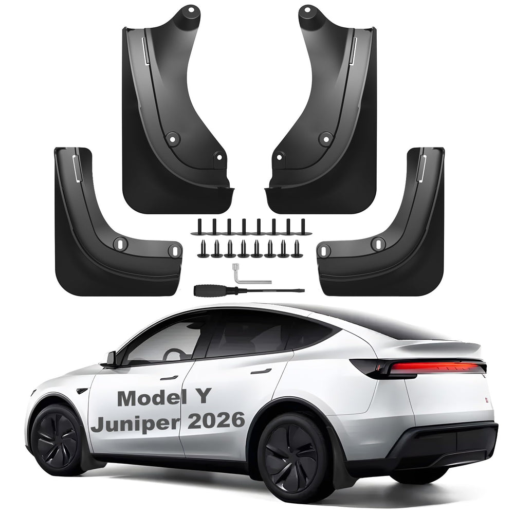 Nanaholy 2026 Tesla Model Y Juniper front-left mud flap guards paint from road spray.