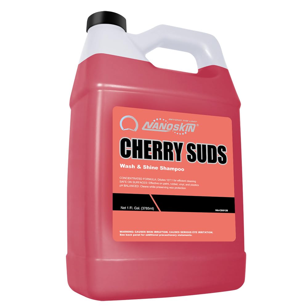 Nanoskin CHERRY SUDS foam cannon dilution for dense foam and easy rinsing.