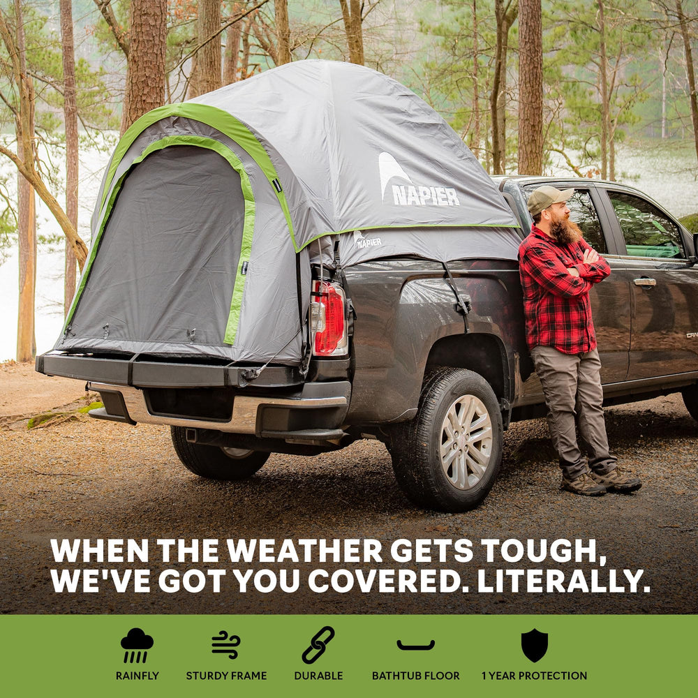 Napier Backroadz rainfly extended demonstrates full weather protection for truck bed camping