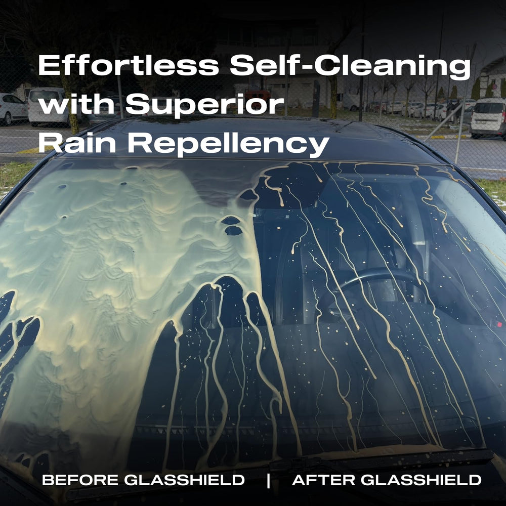 Nasiol GlasShield rainfall beads on windshield for clearer visibility during downpours.