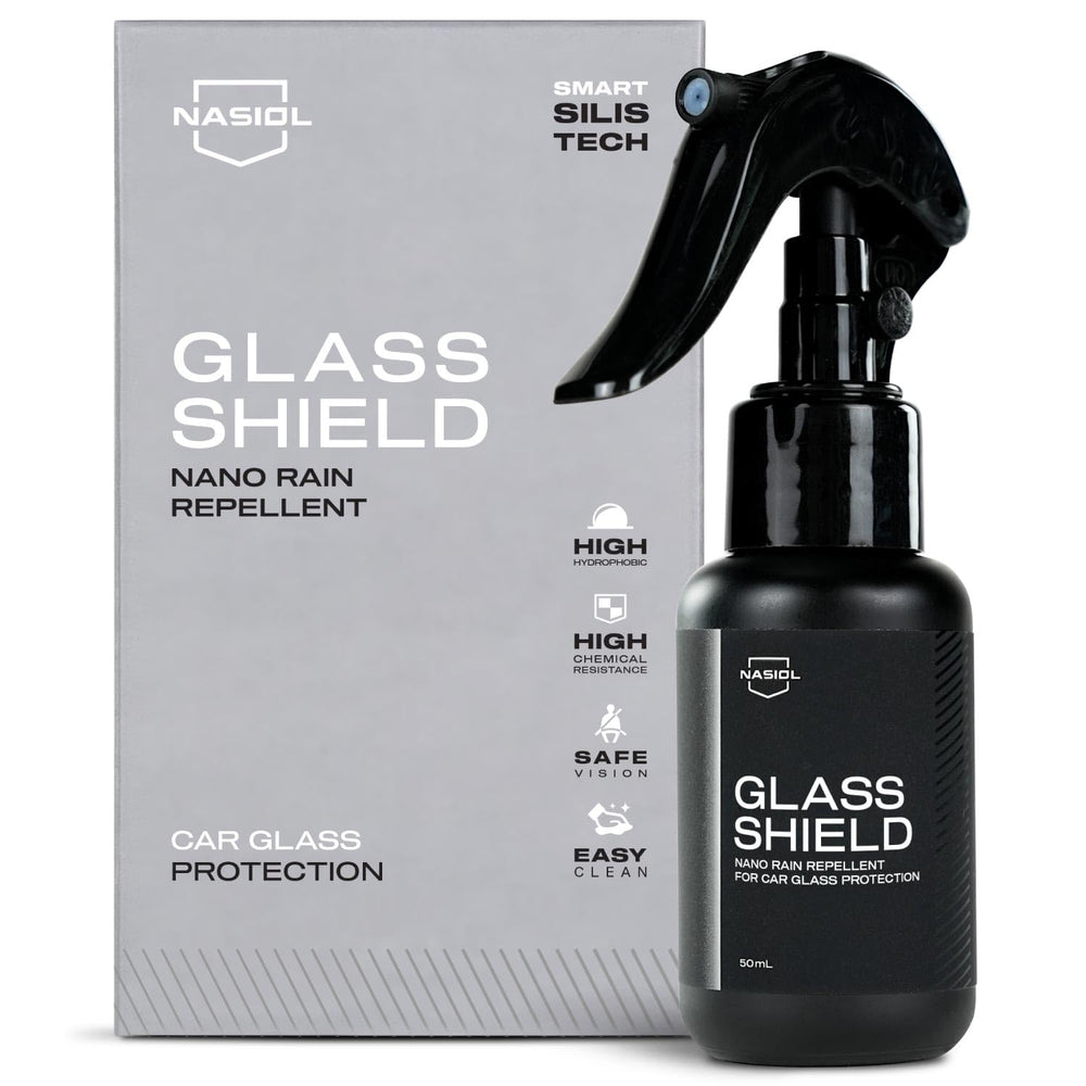 Nasiol GlasShield spray bottle applying for quick rain protection and easier windshield maintenance.