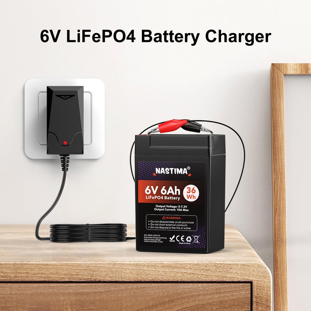 NASTIMA 6V LiFePO4 charger back view shows portable design.