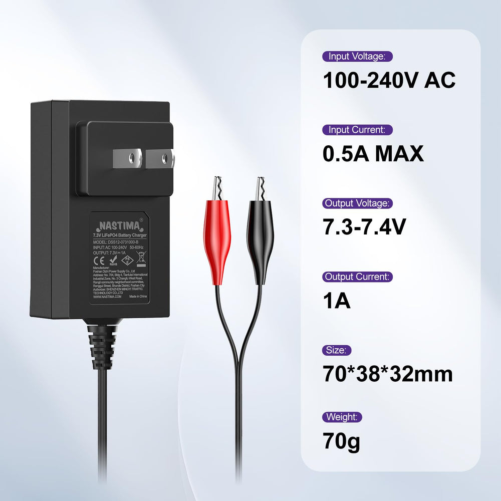 NASTIMA 6V LiFePO4 charger in use showing charging status.