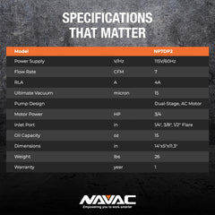 NAVAC NP7DP2 built-in check valve prevents backflow during power loss