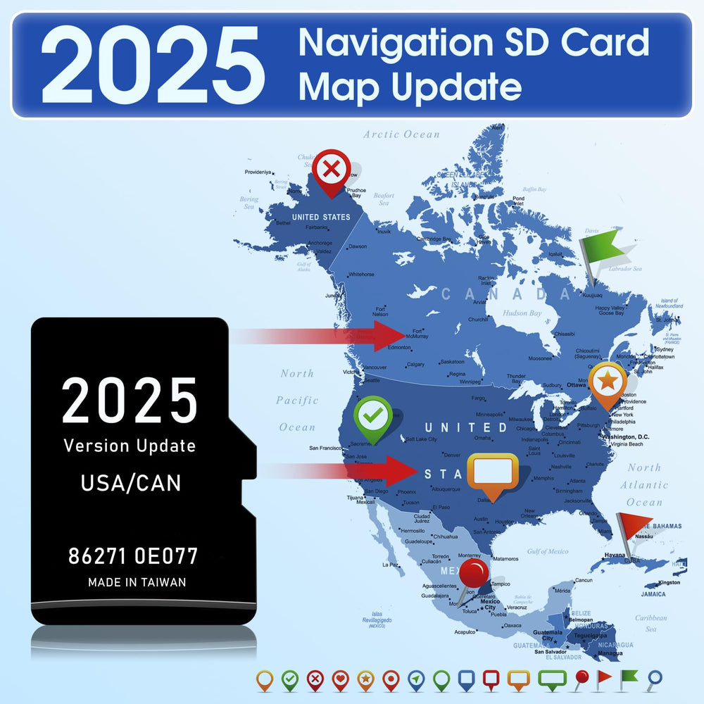 Navtimi 2025 map update on dashboard screen for USA and Canada.
