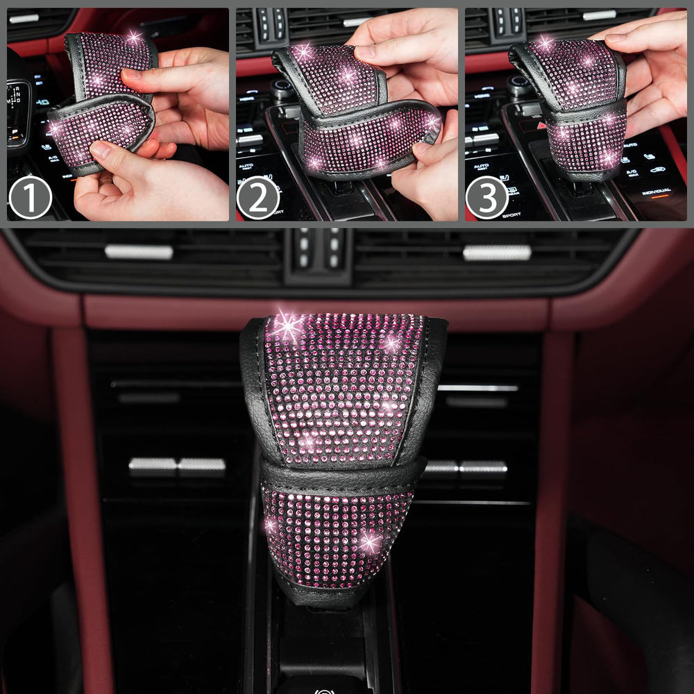 NBTEPEM pink bling gear shift cover sparkles and secures grip.