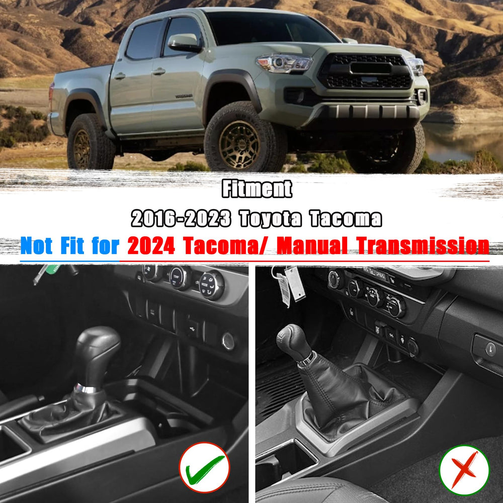 Install view of Neepiar gear shift tray fitting beside Tacoma gear shift