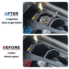 Upper storage lid opens with a press for quick access.
