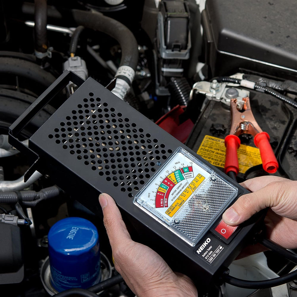 NEIKO 40510A portable battery tester fits in a tool bag for on-site diagnostics.