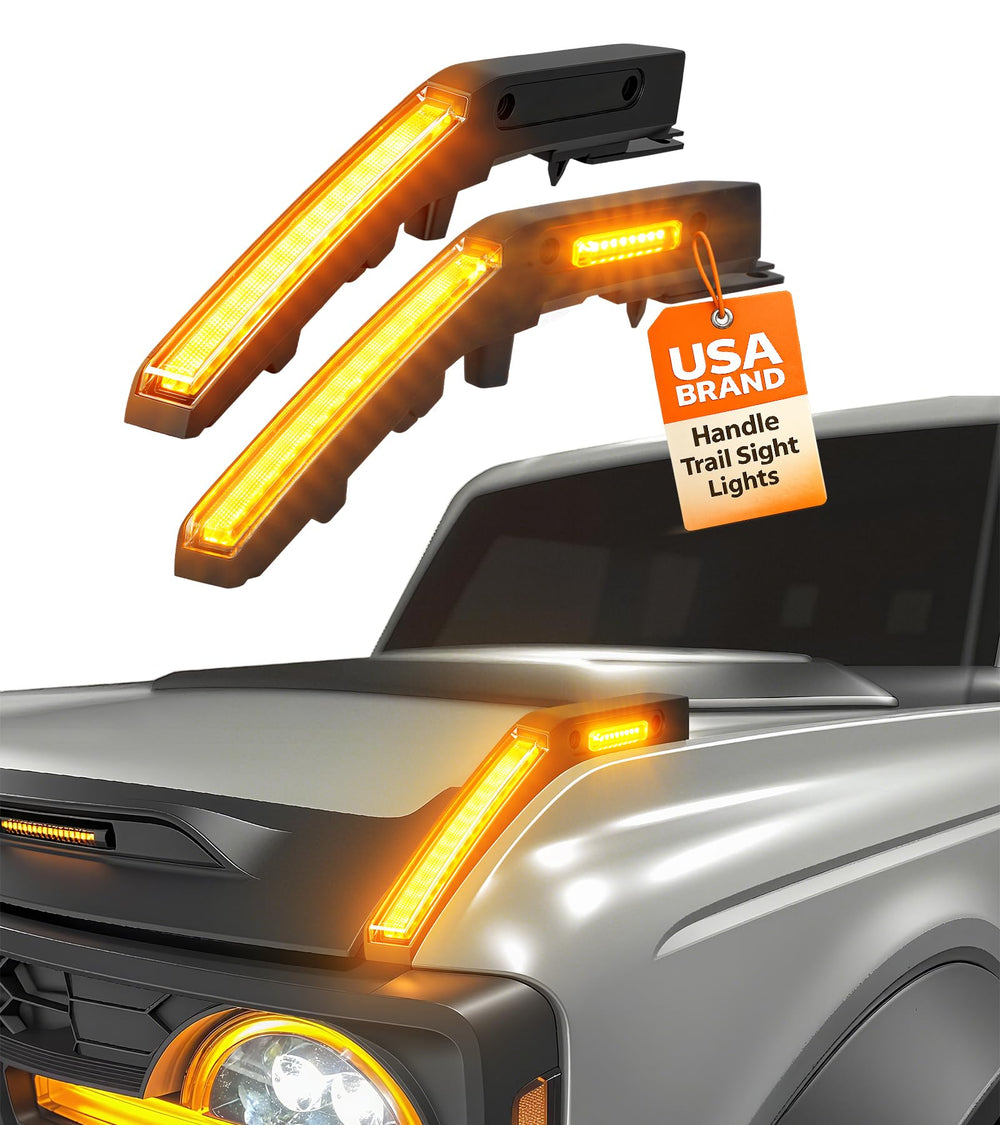 NEOXIST LED hood handle trail sight light with amber DRL and side markers enhances Bronco visibility.