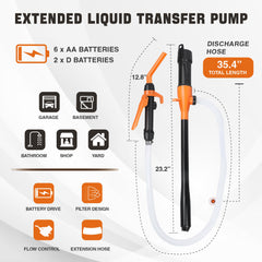 Neuradical fuel transfer pump with 16-inch suction tube for cans and jerrycans.