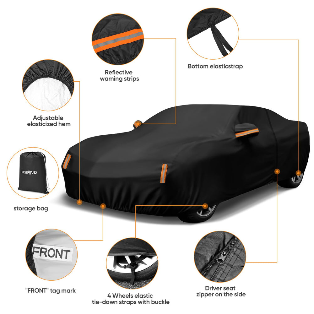 NeverLAND car cover with elastic hem and wheel straps for wind stability.