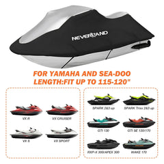 Neverland jet ski cover side view showing snug fit for 115–120 inch models.