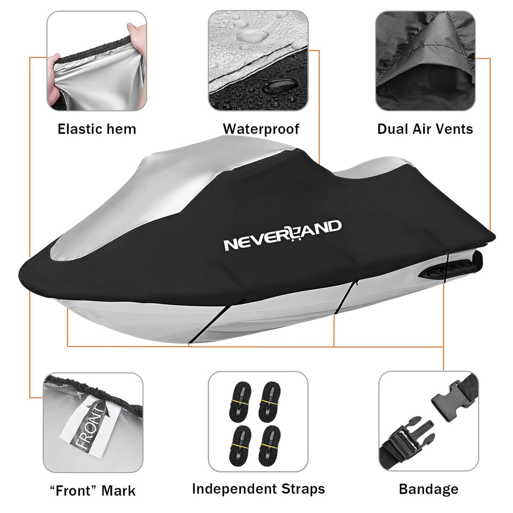 Neverland jet ski cover visible air vents reduce moisture during transport.