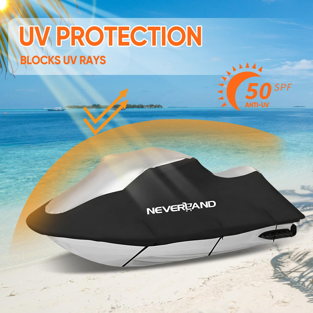 Neverland jet ski cover front-mark close-up demonstrates correct orientation.