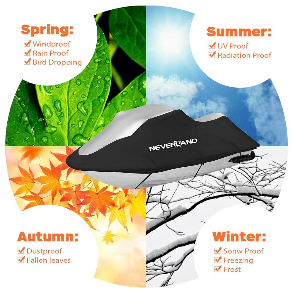 NeverLAND jet ski cover size-range-120-135in fits Yamaha and Sea-Doo models.