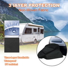 NEWFOM elastic-hem hitch cover provides secure fit on caravans.