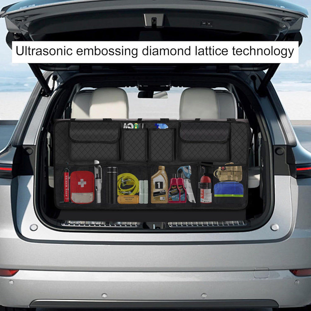 Compact storage bag option in NEWFOM trunk organizer helps tidy shopping.