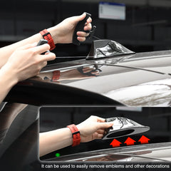 NEWISHTOOL emblem removal tool on flat surfaces for logos and badges.