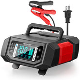 NEXPEAK 1-20A charger LCD display shows voltage and temperature for precise monitoring