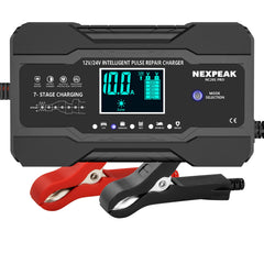 NEXPEAK 10-Amp car battery charger front view with rapid charging capability