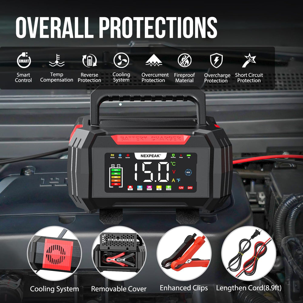 NEXPEAK 15A charger with 8-9 ft cord for flexible placement.