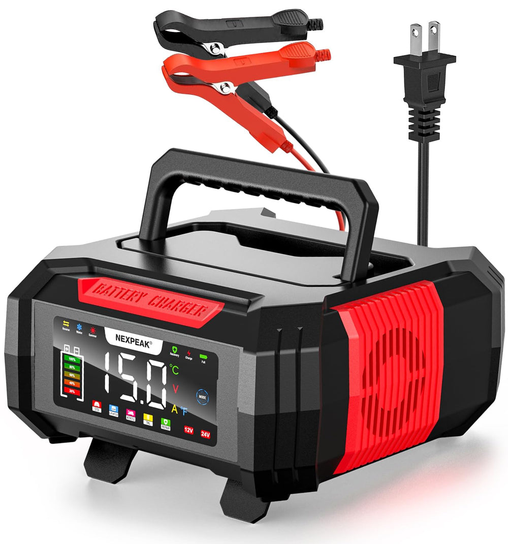 NEXPEAK 15A charger front view highlighting quick 9-stage charging for ready batteries.