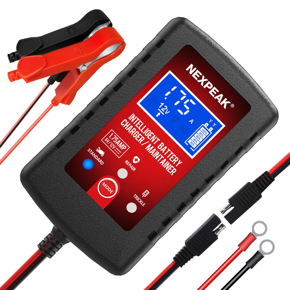 NEXPEAK 1.75A battery charger with LCD display shows real-time charging status