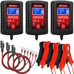 NEXPEAK 3-pack 1.75A car battery charger front view for reliable maintenance.