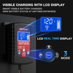 NEXPEAK 4-in-1 battery charger enables charging, maintaining, desulfating, and trickle charging