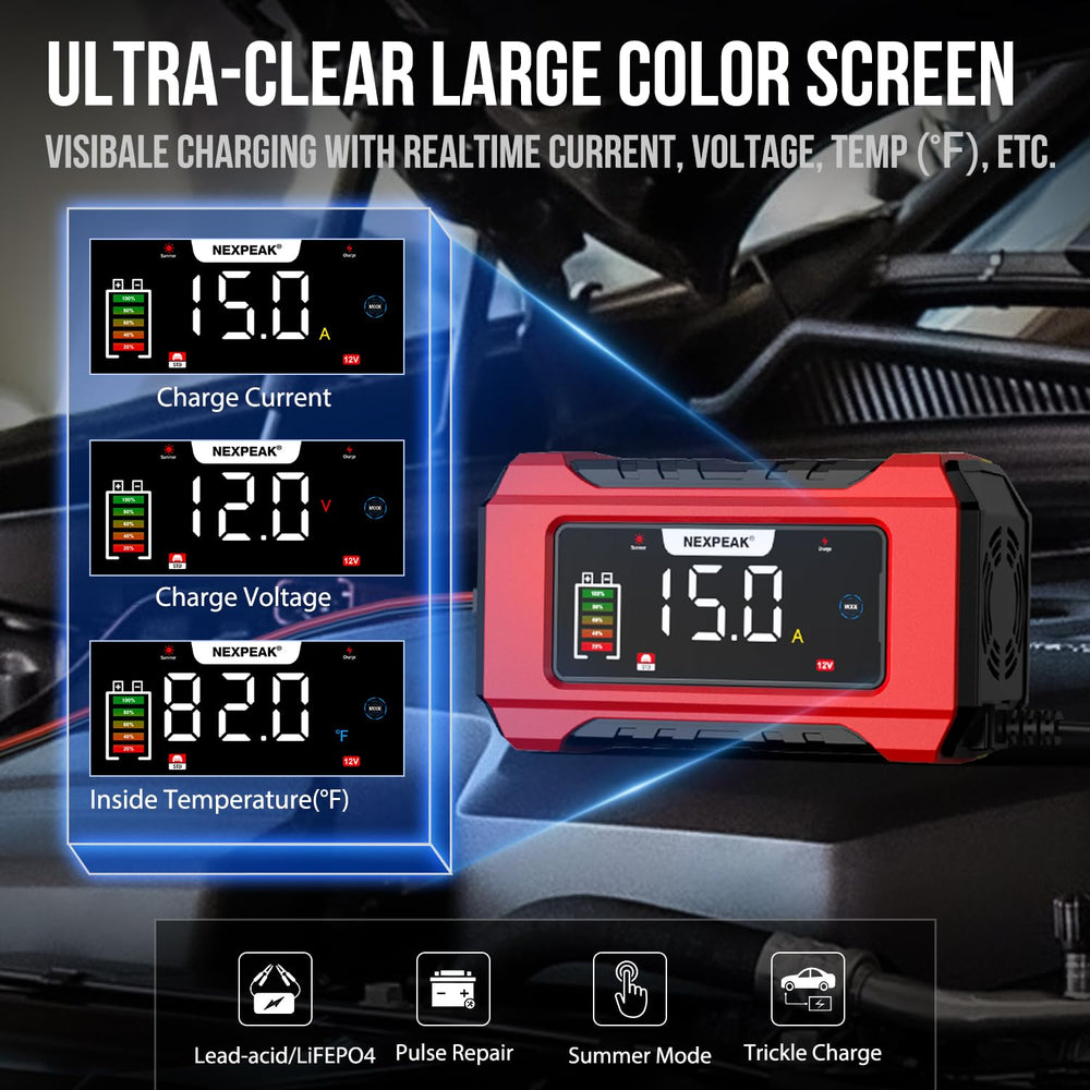 NEXPEAK NC215 temperature display assists safe charging in heat or cold.