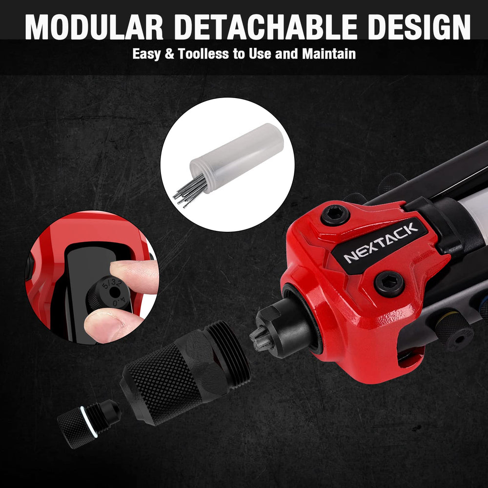 NEXTACK Rivet Gun Kit built-in mandrel catcher keeps workspace clean during use.