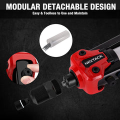 NEXTACK Rivet Gun Kit built-in mandrel catcher keeps workspace clean during use.