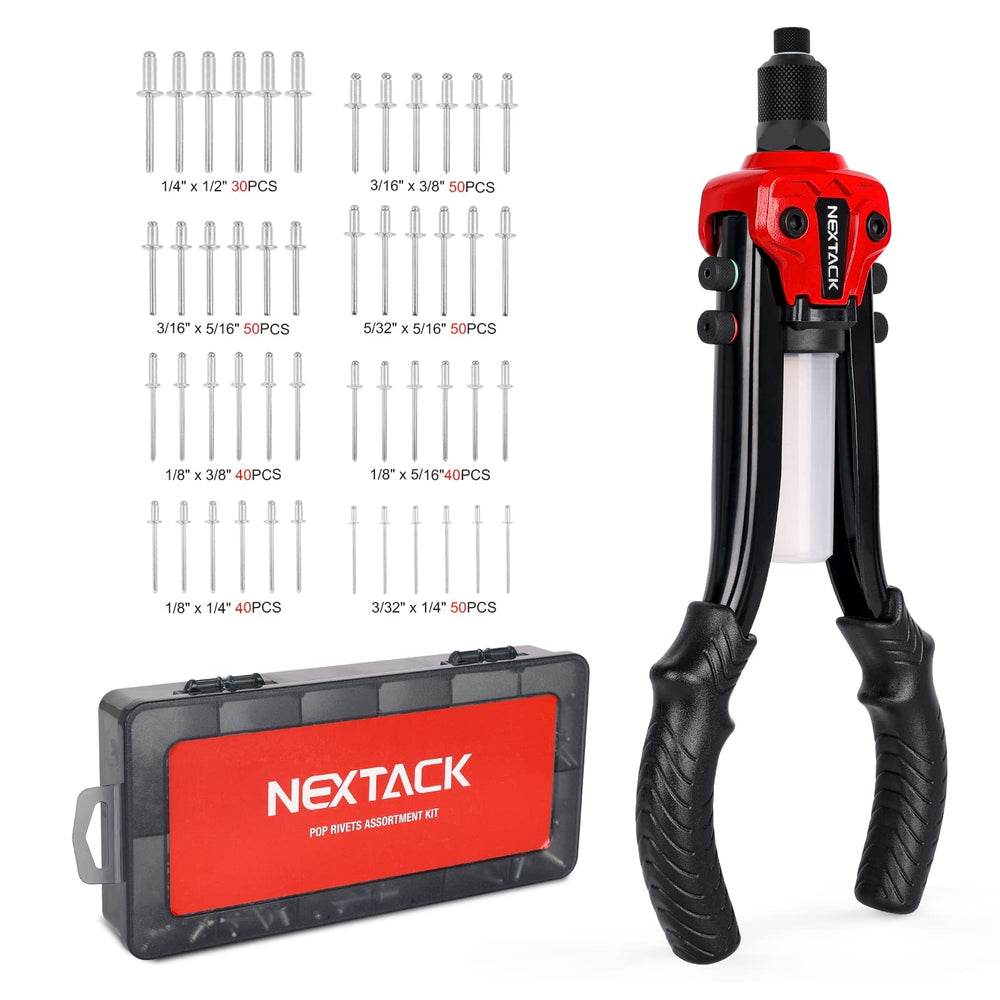 NEXTACK Rivet Gun Kit shows ergonomic two-handed handles for easier rivet work.