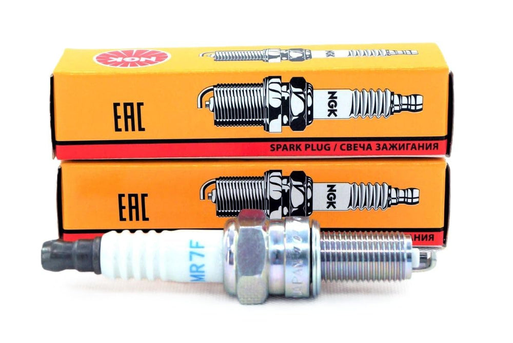 NGK 95897 MR7F spark plugs pair — front view highlights compact ignition components.