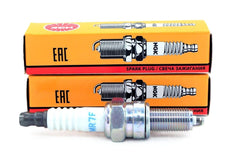 NGK 95897 MR7F spark plugs pair — front view highlights compact ignition components.