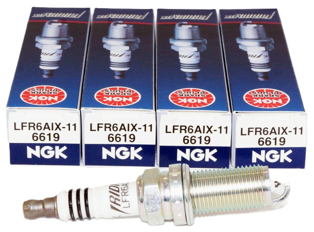 NGK iridium spark plugs LFR6AIX-11 close-up showing precision electrodes for lasting performance.