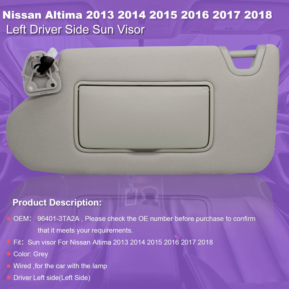 NHILES visor closeup with lamp for Nissan Altima 2013-2018 gray, showing wiring and switch