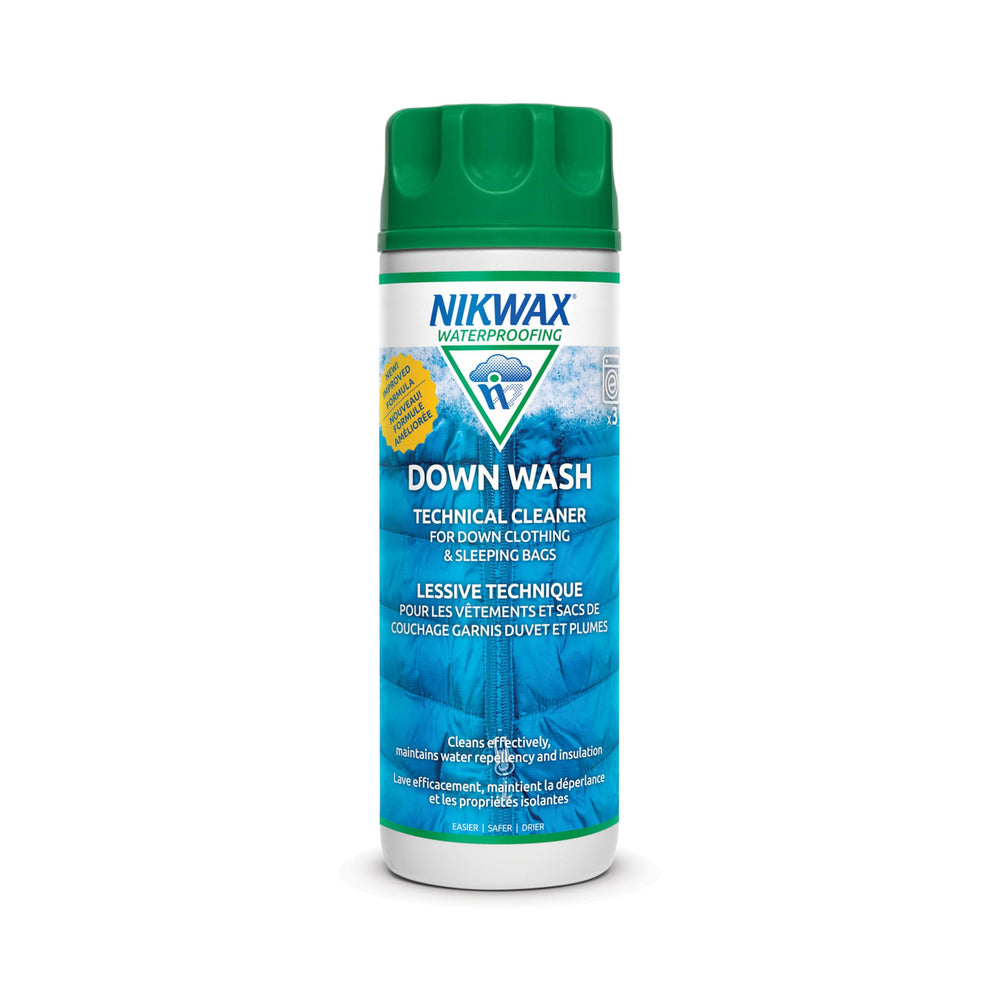 Nikwax Down Wash bottle pour for safe down jacket cleaning and loft preservation.