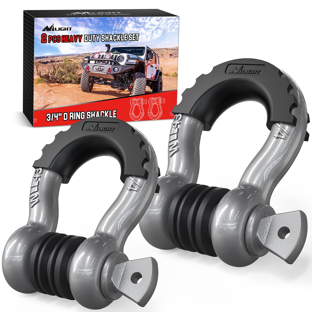 Nilight 2-pack 3/4-inch D-ring shackles, front view, reliable off-road recovery potential.