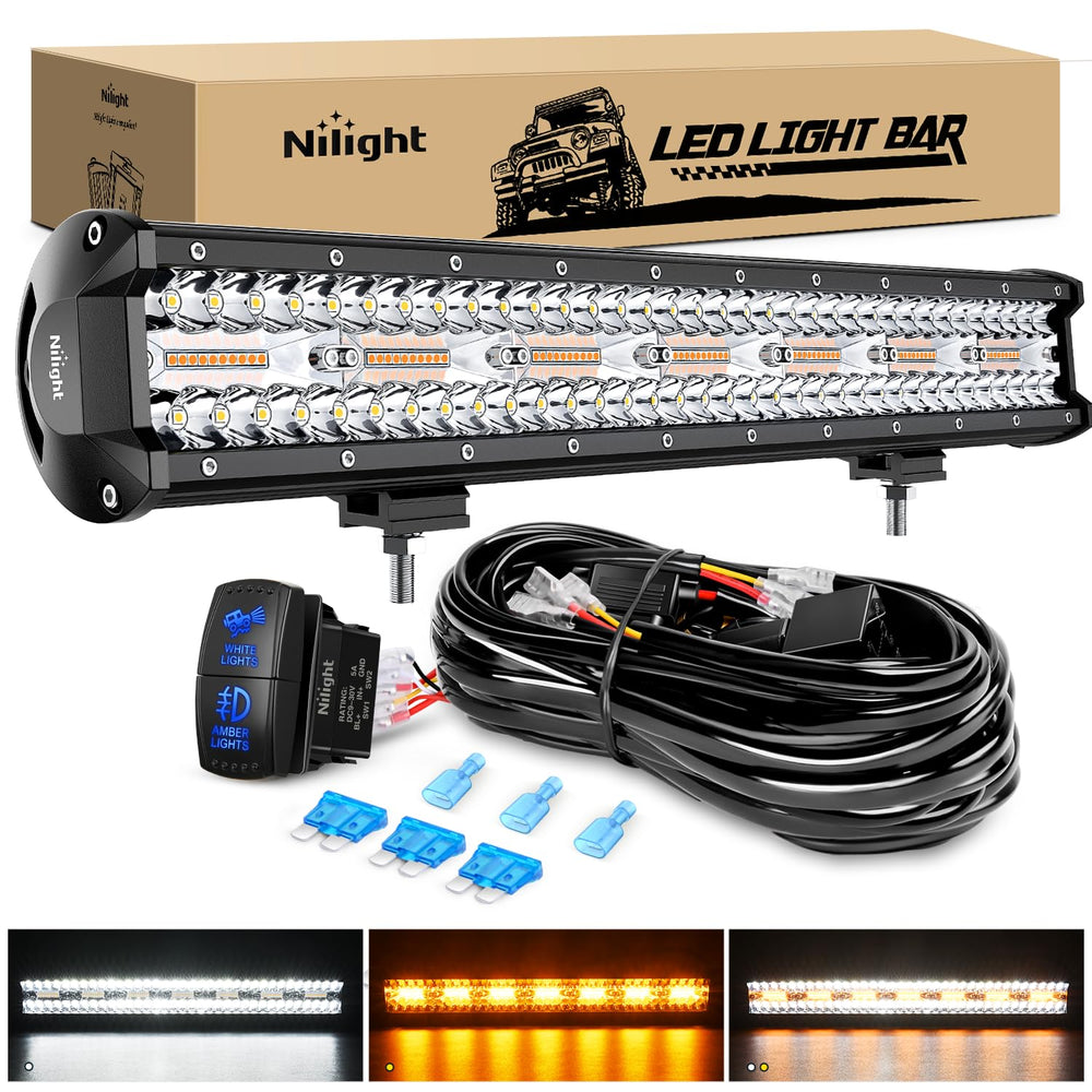 Nilight 20-inch LED light bar front view enhances long-range visibility on rugged roads.