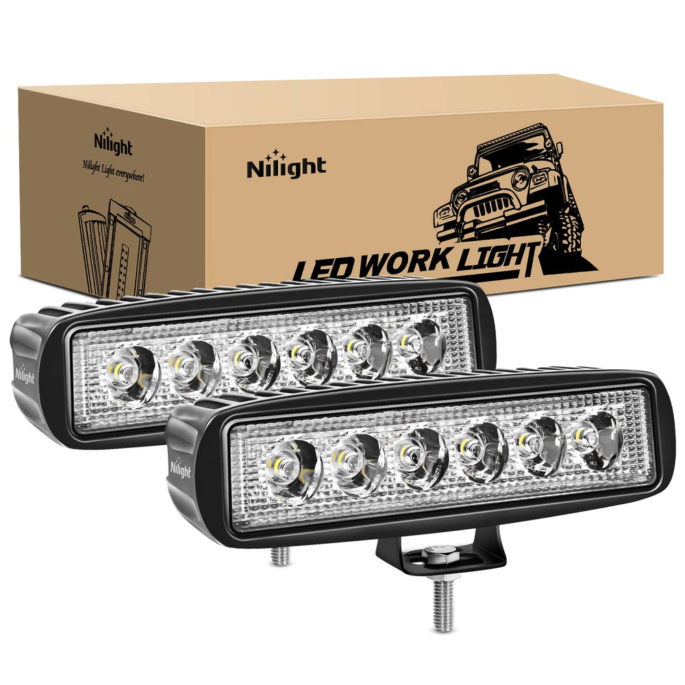 Nilight 2-pack 18W LED light bar front view for off-road visibility.